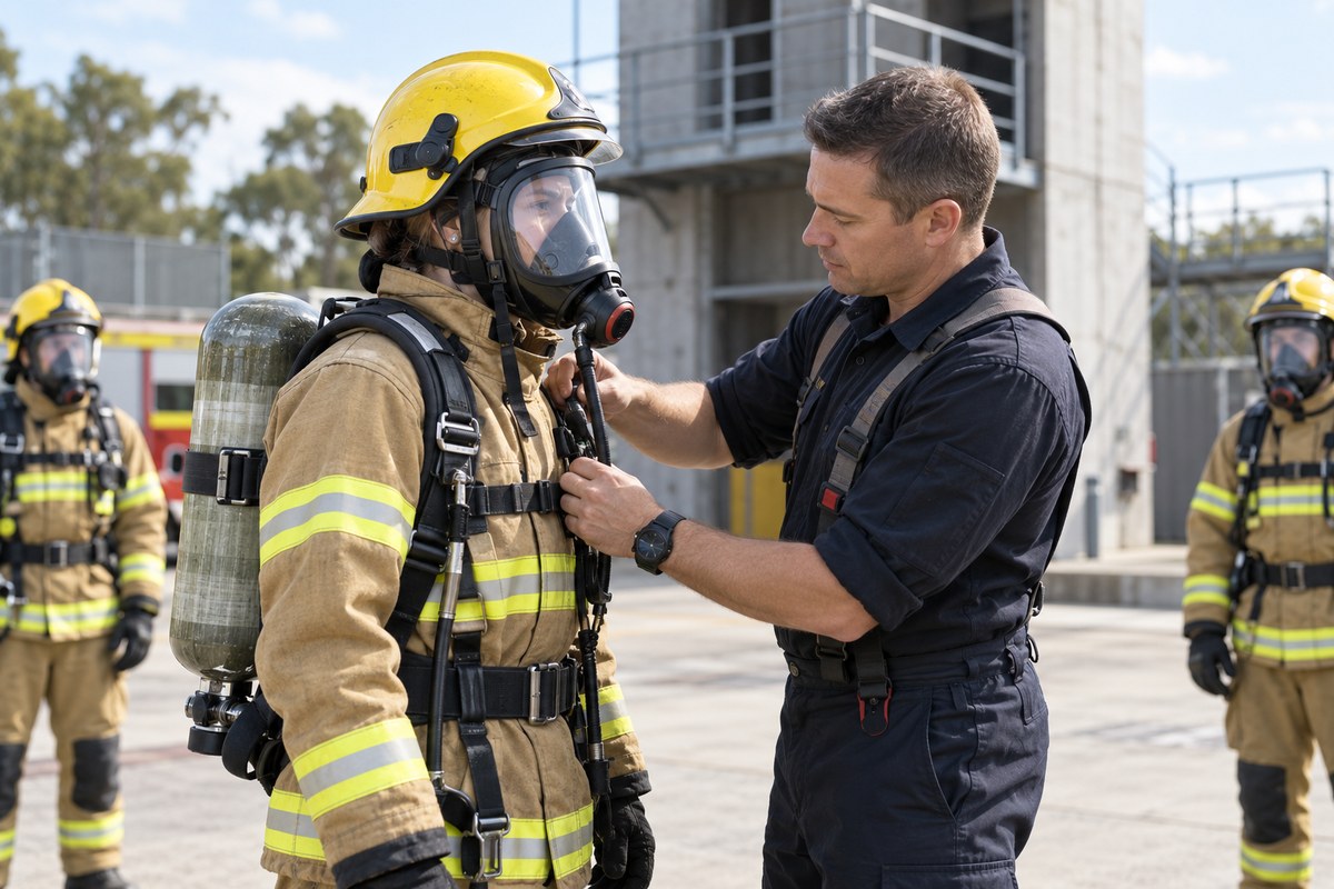 An instructor checking a trainee’s open-circuit breathing apparatus
