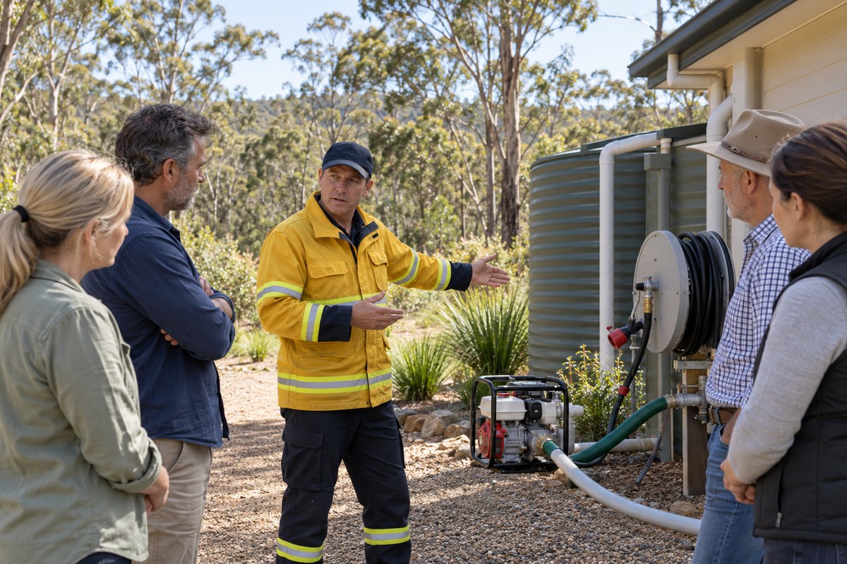 A firefighter discussing bushfire preparation with community members