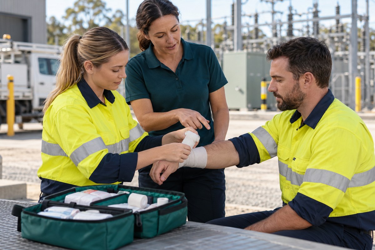 Utility workers practising first aid at a training depot