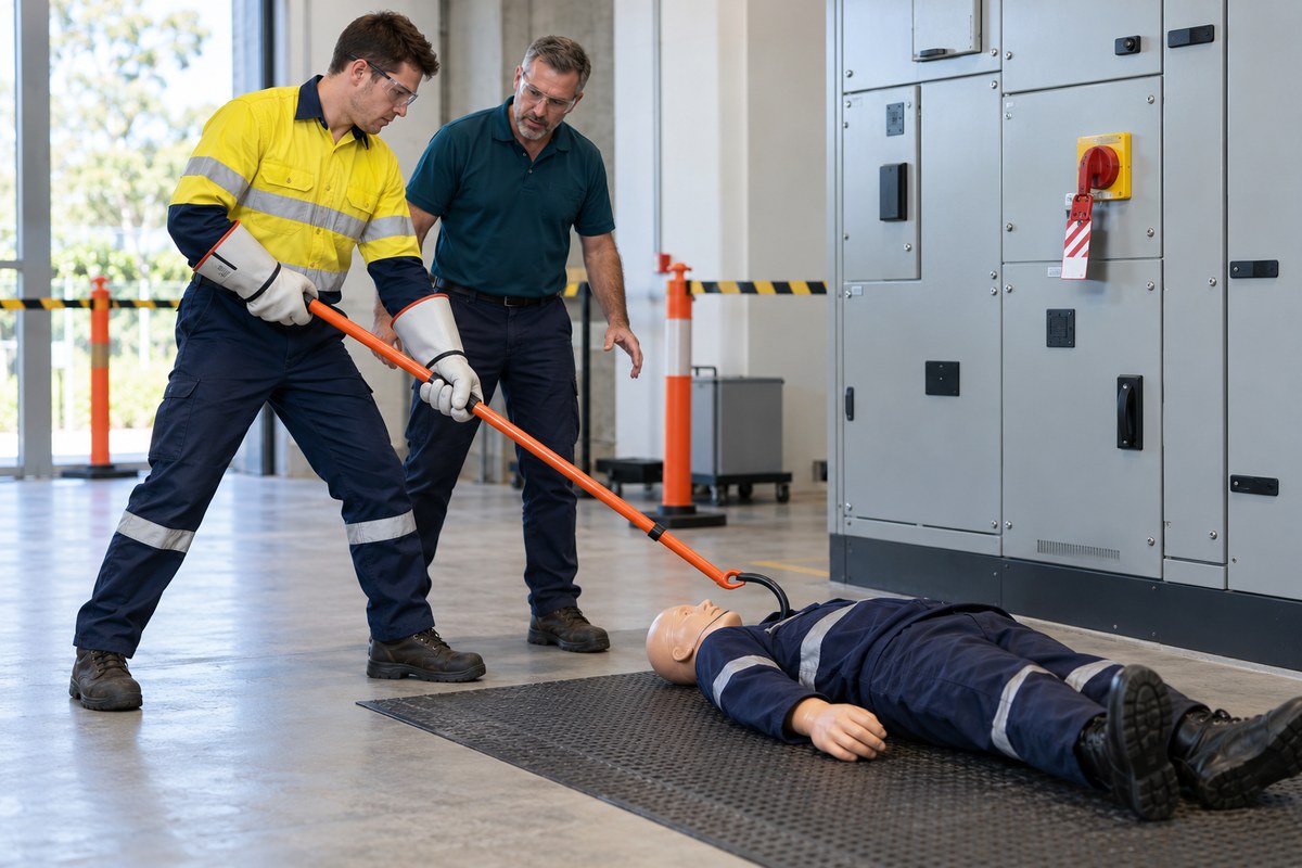 A trainee practising low voltage rescue with insulated equipment