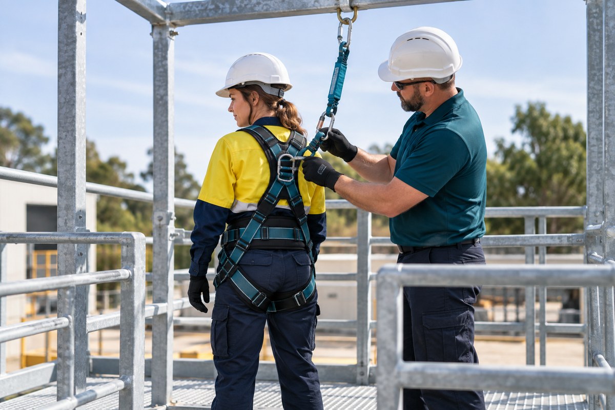 A supervised trainee practising with fall protection equipment