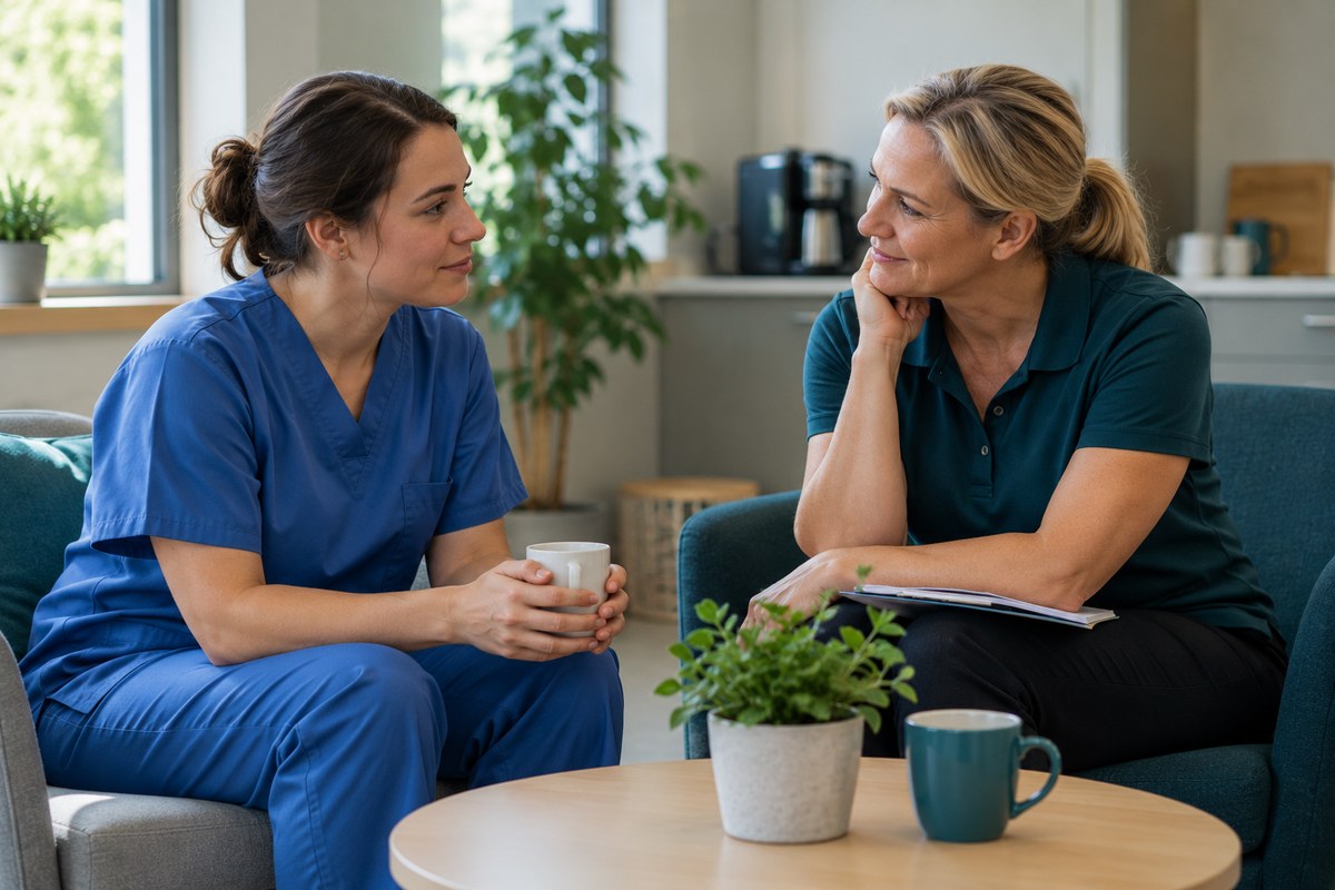 A healthcare worker discussing wellbeing with a supportive trainer